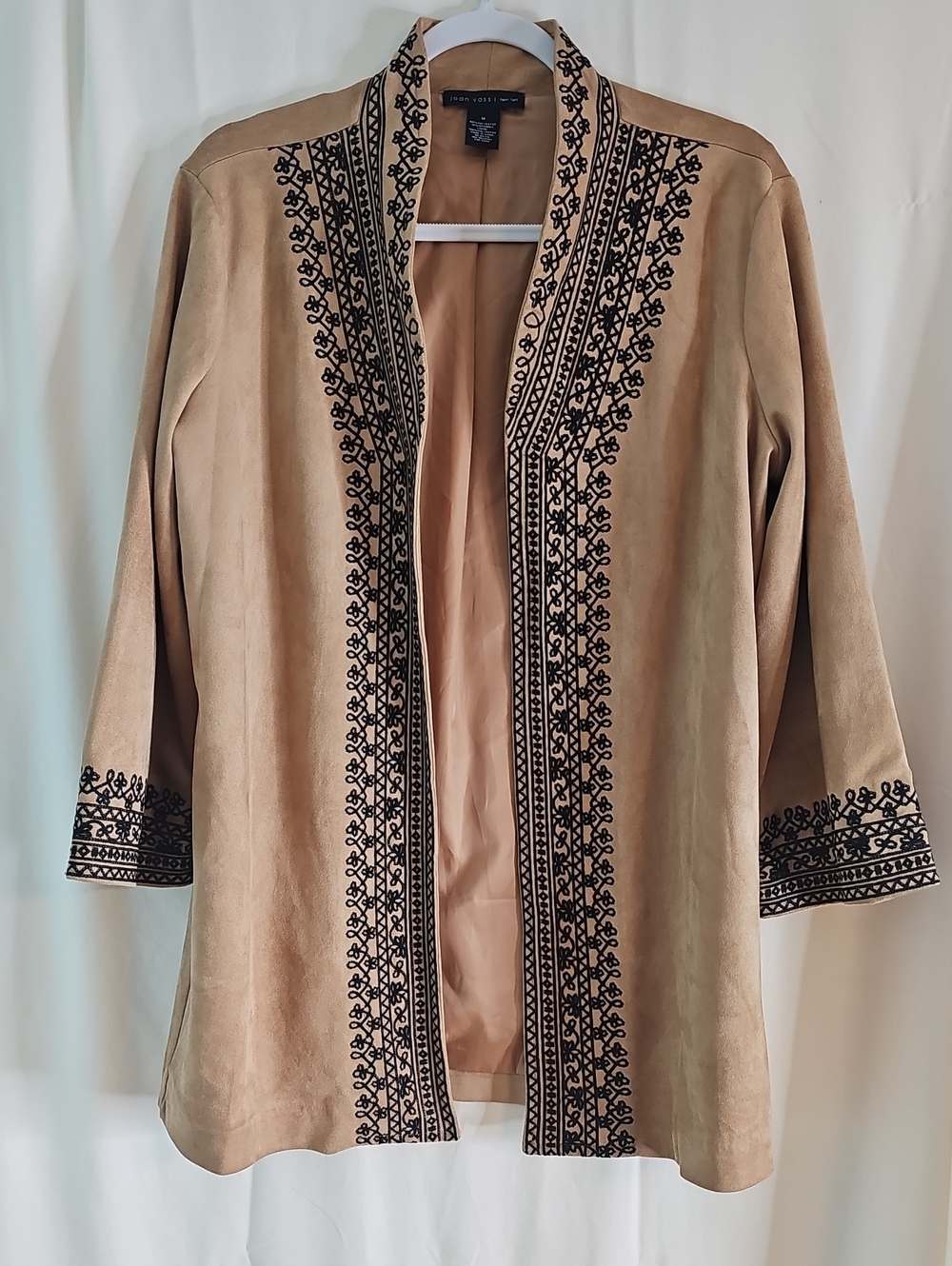 Joan Vass  Beige Open-Front Jacket with Black Embroidery